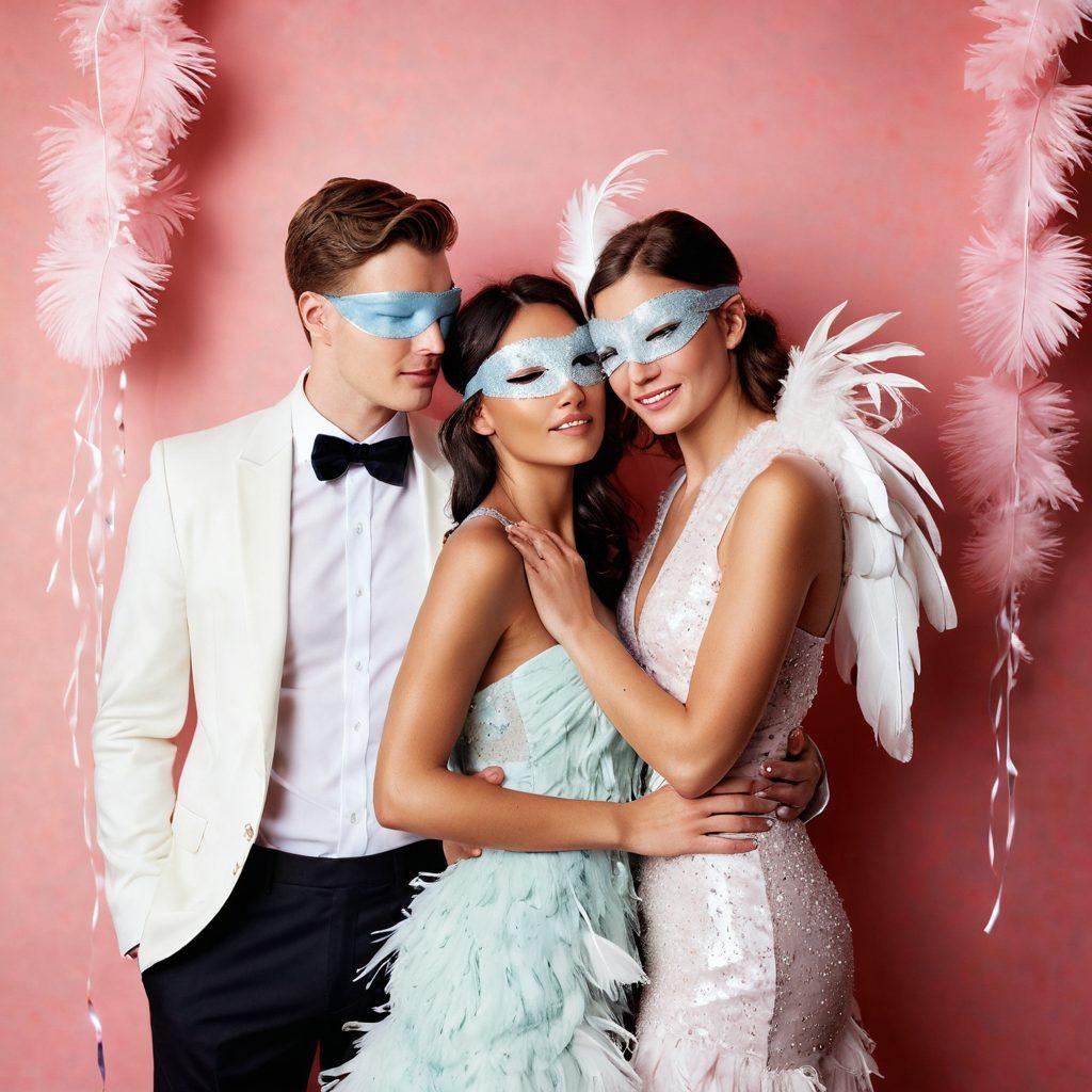 An alluring and vibrant scene filled with playful intimate accessories, such as feathered ticklers, luxurious silk blindfolds, and whimsical novelties set against a backdrop of soft pastel colors. Incorporate a sense of fun and flirtation with sparkling confetti and subtle silhouettes of couples in playful poses. The lighting should be warm and inviting, creating an atmosphere of excitement and exploration. super-realistic. vibrant colors. soft background.