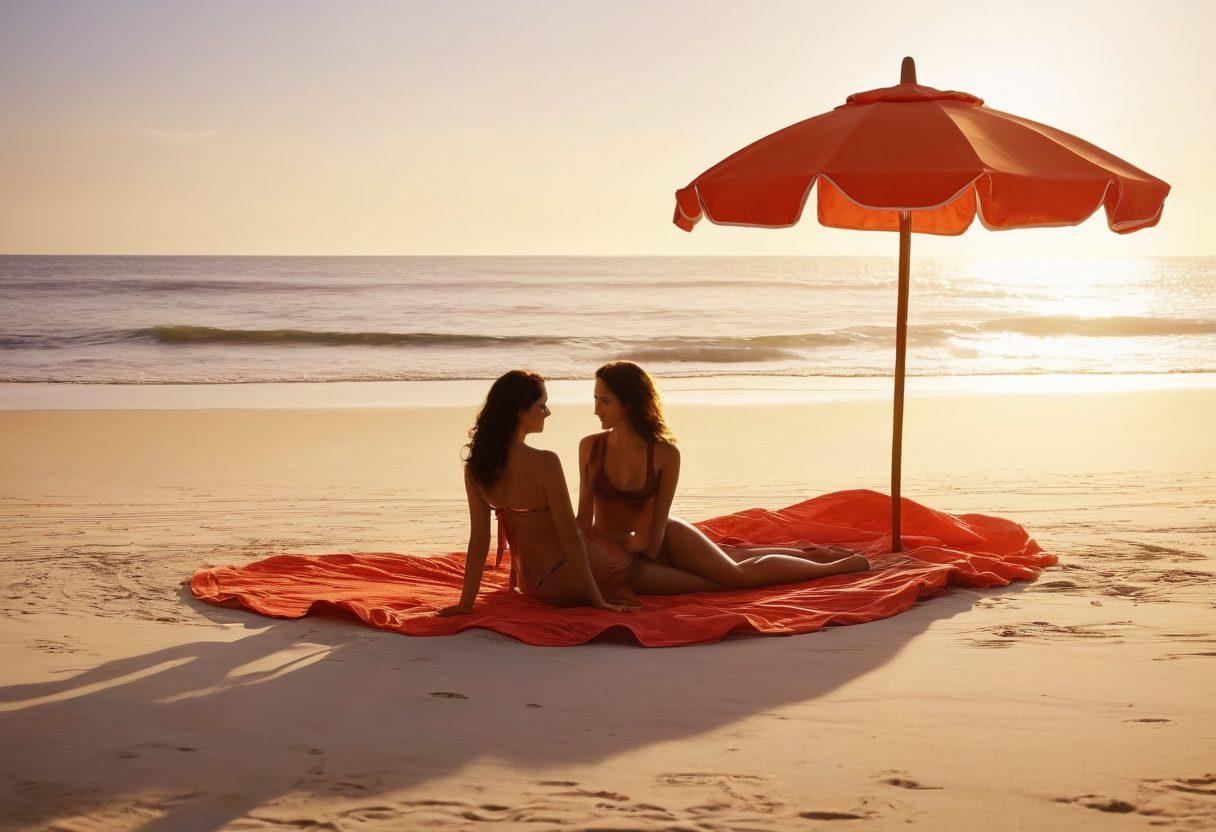 An enchanting beach scene blending sunbathing and intimate moments, featuring vibrant beachwear laid out on soft sand, a stylish beach umbrella casting playful shadows, and alluring silhouettes of couples enjoying the sun. Incorporate elements of bedroom bliss with luxurious fabrics and playful beach accessories scattered around. Capture a warm sunset backdrop to evoke a sense of romance and relaxation. super-realistic. vibrant colors. warm tones.